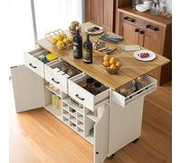 Cayipng Carrito de Cocina, Isla de Cocina de Madera con encimera abatible, toallero y especiero, Carrito de Comedor con 3 cajones, Puerta de Mueble, Blanco