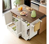 Cayipng Isla de Cocina con Ruedas, Carrito de Madera Extraíble con Toallero, Especiero y Divisores Ajustables, Encimera de Tablero con Veta Natural, Color Blanco - Mueble Auxiliar Multifunción