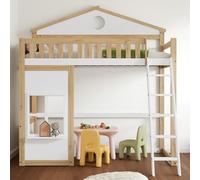 Cayipng Litera, casa-Cama con Escalera, protección y barrotes, Pino Estructura de Cama Infantil con Techo y Ventana, Blanco+Natural
