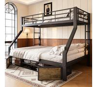 Cayipng Litera para niños con Zapatero + Compartimentos para Objetos, litera para niños 90 x 200 + 140 x 200 cm, litera Doble de Metal con barandillas de Seguridad y Escalera, EN747, Negro