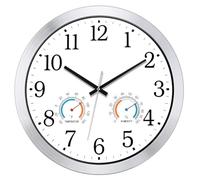 Caysie Reloj de pared de cuarzo sellado de 40,6 cm para interiores y exteriores, impermeable, con termómetro e higrómetro, funciona con pilas, para patio, piscina, baño, exterior y hogar (blanco)