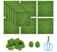 Cayway 28 Pz Alfombra de Hierba Artificial, 12 PCS 15 x 15CM Cesped Artificial Hierba Artificial Miniatura de Plástico y 15 PCS Musgo Artificial Rocas Decorativas para Interiores y Exteriores