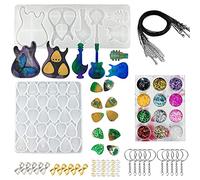 Cayway 33 Pz Moldes de Resina de Silicona, 2 Pz Plumillas de Guitarra Molde Silicona Resina con Lentejuelas, Hebilla Colgante, Cuerda de Cera Negra y Llavero para Collar de Bricolaje, Llavero