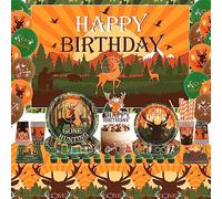 Caza Fiesta Vajilla , Incluyendo Pancarta de Fondo de Feliz cumpleaños, Platos , Servilletas , Tazas, Pajitas, Mantel, Globos, para Caza Infantil Cumpleaños Fiesta Decorar 20 invitados