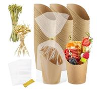 Cazas de charcutería con bolsas - 50 tazas de bocadillos de aperitivo de papel con 200 selecciones y 50 bolsas transparentes | Cazas de comida desechables para chips de gofres, cajas de palomita