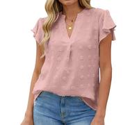 CAZSTYK Blusa sin mangas con cuello en V floral para mujer, blusa casual fluida para mujer, blusa de manga corta con cuello en V y encaje de primavera, Lotusroot, M