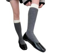 CAZSTYK Calcetines de mezcla de lana para mujer, con rayas de punto acanalado, para estudiantes, dos tonos, puños enrollados, hasta la rodilla, calcetines de lana para mujer, gris oscuro, Talla única
