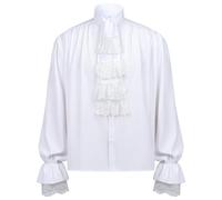 CAZSTYK Camisa pirata para hombre, con volantes, victoriana, renacentista, Sterevunk, vampiros, poeta, para Halloween, disfraces medievales, pirata, blanco, S-L