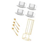 CAZSTYK Combo de taza de café compacta de vidrio de 160 ml con platillos y soporte para el trabajo o el hogar, elegante taza de café y platillo de cristal con soporte de exhibición