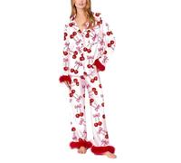 CAZSTYK Lujoso pijama de satén para mujer, con estampado de corazón y lazo, conjunto de dormir de 2 piezas, camisa de manga larga, pantalones, pijama para pijama de seda con diseño de corazón y lazo