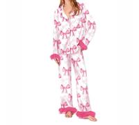 CAZSTYK Lujoso pijama de satén para mujer, con estampado de corazón y lazo, conjunto de dormir de 2 piezas, camisa de manga larga, pantalones, pijama para pijama de seda con diseño de corazón y lazo