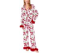 CAZSTYK Lujoso pijama de satén para mujer, con estampado de corazón y lazo, conjunto de dormir de 2 piezas, camisa de manga larga, pantalones, pijama para pijama de seda con diseño de corazón y lazo