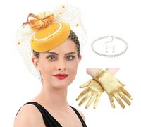 CAZSTYK Sombrero para mujer, guantes de encaje transpirable, collar de perlas de imitación, adornado, tocado para eventos especiales, boda, esencial, amarillo, Talla única