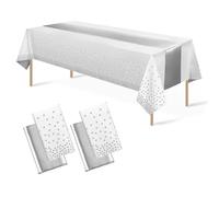 CAZSYSDD manteles Desechables de plástico de 137 x 274 cm y Camino de Mesa de satén, manteles de Fiesta, Mantel de Confeti de Lunares de Oro Rosa para cumpleaños (White Silvery+Silvery Table Runner)