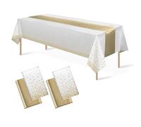 CAZSYSDD manteles Desechables de plástico de 137 x 274 cm y Camino de Mesa de satén, manteles de Fiesta, Mantel de Confeti de Lunares de Oro Rosa para cumpleaños (White Gold+Gold Table Runner)
