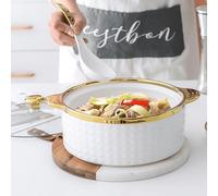 Cazuelas de cerámica, Sopera de sopa con tapa vidrio y cuchara, juego 2 piezas redondas blancas, elegante cerámica/porcelana(B)