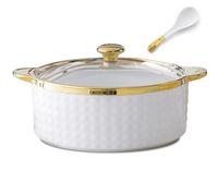 Cazuelas de cerámica, Sopera de sopa con tapa vidrio y cuchara, juego 2 piezas redondas blancas, elegante cerámica/porcelana(A)