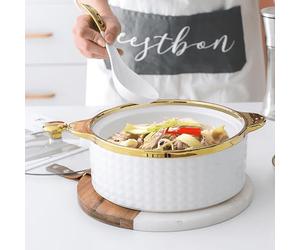 Cazuelas de cerámica, Sopera de sopa con tapa vidrio y cuchara, juego 2 piezas redondas blancas, elegante cerámica/porcelana(B)