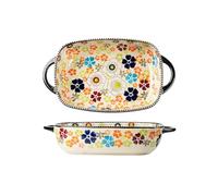 Cazuelas para horno Platos de horneado en casa gran capacidad y alta temperatura, vajilla Vintage bajo vidriado, plato cena profundo con mango(27.5cm)