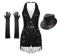CBFGGOEUDFBS Mono de baile for mujer, estilo samba, rumba, salsa y tango, con borlas, ideal for espectáculos de jazz y danza latina. Incluye guantes y sombrero.(Black Set 3pcs,XL)
