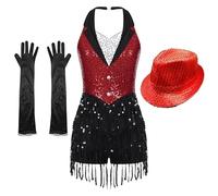 CBFGGOEUDFBS Mono de baile for mujer, estilo samba, rumba, salsa y tango, con borlas, ideal for espectáculos de jazz y danza latina. Incluye guantes y sombrero.(Red Set 3pcs,M)