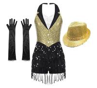 CBFGGOEUDFBS Mono de baile for mujer, estilo samba, rumba, salsa y tango, con borlas, ideal for espectáculos de jazz y danza latina. Incluye guantes y sombrero.(Yellow Set 3pcs,XL)
