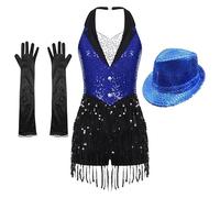 CBFGGOEUDFBS Mono de baile for mujer, estilo samba, rumba, salsa y tango, con borlas, ideal for espectáculos de jazz y danza latina. Incluye guantes y sombrero.(Blue Set 3pcs,XL)