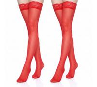 CBMZHF 2 medias de encaje rojo para mujer, medias altas hasta el muslo, transparentes que se mantienen por encima de la rodilla, medias largas elásticas y sedosas para fiestas, cosplay, uso diario
