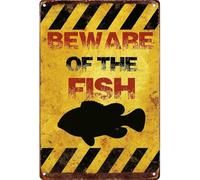 CBQZCHWDKT Retro Beware Of The Fish Humorous Metal Sign for Farm Man Cave Kitchen Studio Decor 8 X 12 in