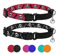 CBROSEY CollarDirect - Collar para Gato con Calavera y Campana, 2 Unidades, Collar Ajustable para Gatos con Correa elástica de Seguridad, Negro, Rosa, Naranja, Verde, Azul y Rojo