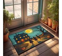 CBRT Alfombra de verano con tres brujas caminando hacia una casa encantada en la noche de Halloween, felpudo Tiki Bar, decoración de puerta de dormitorio (50 x 80 cm)