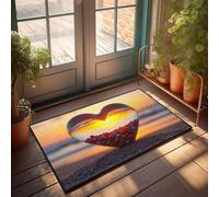 CBRT Alfombras de porche al aire libre, un jarrón de cristal en forma de corazón lleno de piedras coloridas, colocado en una playa durante el atardecer, juego de alfombras de baño, decoración