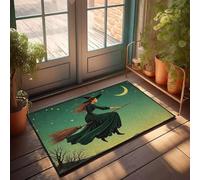 CBRT Divertida decoración de patio con texto en inglés "A Witch Flies On A Broomstick Under A Crescent Moon", tapete impermeable para puerta delantera (40 x 60 cm)