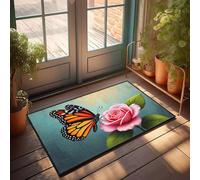 CBRT Felpudo con texto divertido con texto en inglés "A Butterfly posa on a Vibrant Pink Rose" - Juego de tapetes de baño divertidos para decoración al aire libre (40 x 60 cm)
