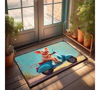 CBRT Felpudo de bienvenida liso con texto en inglés "A Happy Pig Rides A Blue Scooter", tapete de otoño para puerta delantera (65 x 90 cm)