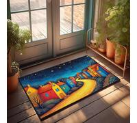 CBRT Felpudo de bienvenida para exteriores, decoración de otoño, un pueblo colorido bajo una noche estrellada (50 x 80 cm)