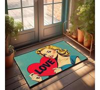 CBRT Felpudo de otoño al aire libre con texto en inglés "A Woman Holding A Heart-Shaped Sign With The Word Love On It", felpudo absorbente para interiores y festividades (50 x 80 cm)