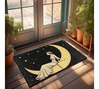 CBRT Felpudo interior para puerta delantera, diseño de una mujer con un vestido blanco sentado en una luna creciente bajo una noche estrellada, tapete de otoño para decoración de habitación de hombre