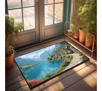 CBRT Felpudo para puerta de entrada al aire libre, un pintoresco pueblo ubicado junto a un lago sereno, rodeado de montañas majestuosas, felpudo para interiores y exteriores, tapete para puerta