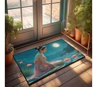 CBRT Home Bar Decor - Felpudo de otoño con flores de loto, una mujer en un vestido floral arrodillada junto a un estanque iluminado por la luna (65 x 90 cm)