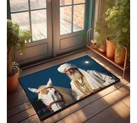 CBRT Home Bar Decor Un hombre con atuendo tradicional está de pie junto a un caballo blanco bajo una luna llena, felpudo de otoño para puerta de granja al aire libre (50 x 80 cm)