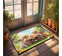 CBRT Stuff For Boys Room Four Puppies Disfrutando de un picnic en un jardín soleado, felpudo de otoño, accesorios de bar al aire libre, cueva de hombre (50 x 80 cm)