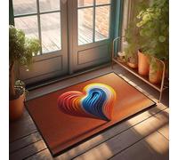 CBRT Tapete de bienvenida liso con ondas coloridas en forma de corazón sobre un fondo naranja, tapete de otoño para puerta delantera (65 x 90 cm)