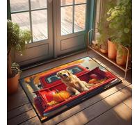 CBRT Tapete de bienvenida liso con texto en inglés "A Golden Retriever Sits In The Bed Of A Red Pickup Truck" (40 x 60 cm)