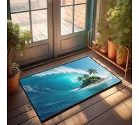 CBRT Tapete de verano para puerta delantera, isla tropical con palmeras bajo una ola gigante, tapete para puerta de otoño al aire libre (40 x 60 cm)