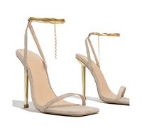 CcacHe Femenino Alta Puntiagudas Abierto Toe Stilettos Sandalias Confort Slingback Cadena Correa de Tobillo Tacón Zapatos 3,14 Pulgadas Bomba Vestido Fiesta Baile Boda Zapatos(Beige,38 EU)