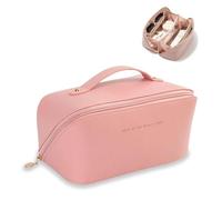CCAIPU Bolsa de Maquillaje de Viaje, Bolsas de cosméticos de Gran Capacidad para Mujer, de Piel PU, Impermeable, Bolsa portátil Abierta Plana con asa (Rosa)