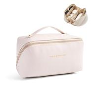 CCAIPU Bolsa de Maquillaje de Viaje, Bolsas de cosméticos de Gran Capacidad para Mujer, de Piel PU, Impermeable, Bolsa portátil Abierta Plana con asa (Blanco)
