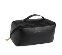 CCAIPU Bolsa de Maquillaje de Viaje, Bolsas de cosméticos de Gran Capacidad para Mujer, de Piel PU, Impermeable, Bolsa portátil Abierta Plana con asa (Negro)