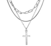 CCAIPU Collar de Plata con Capas para Mujer, Collar con Cruz de Luna y Estrella, Collars Doble con Cadena, Joyería Brillante para Mujeres y Niñas (Plata-A)